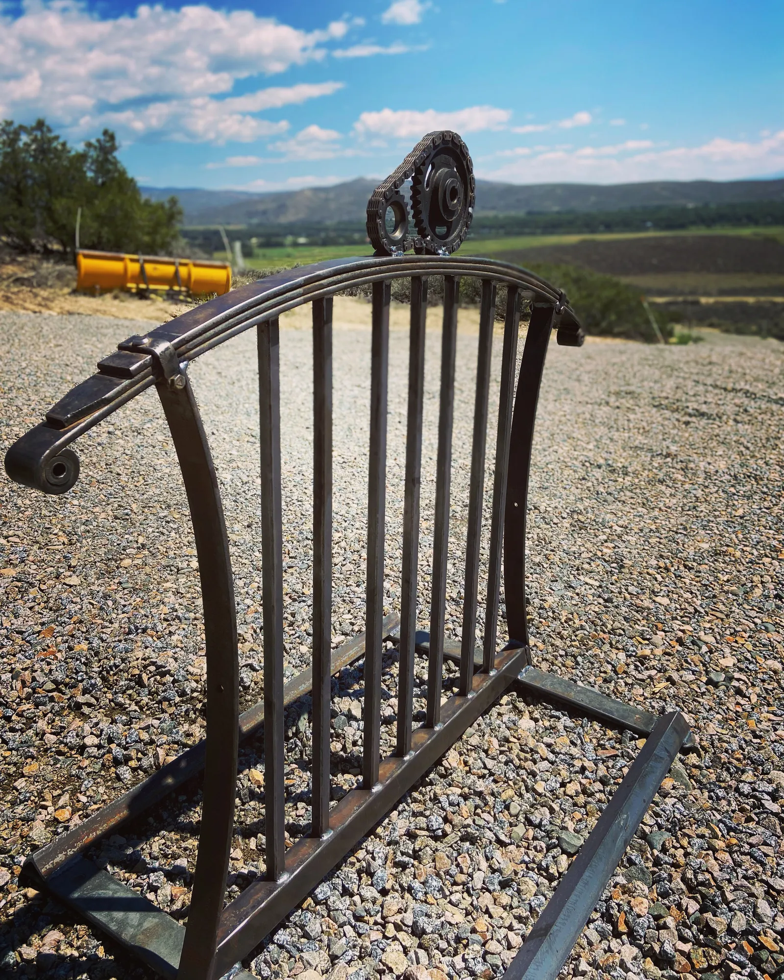 Bike Rack, Steel; reclaimed leaf spring, timing chain and gears