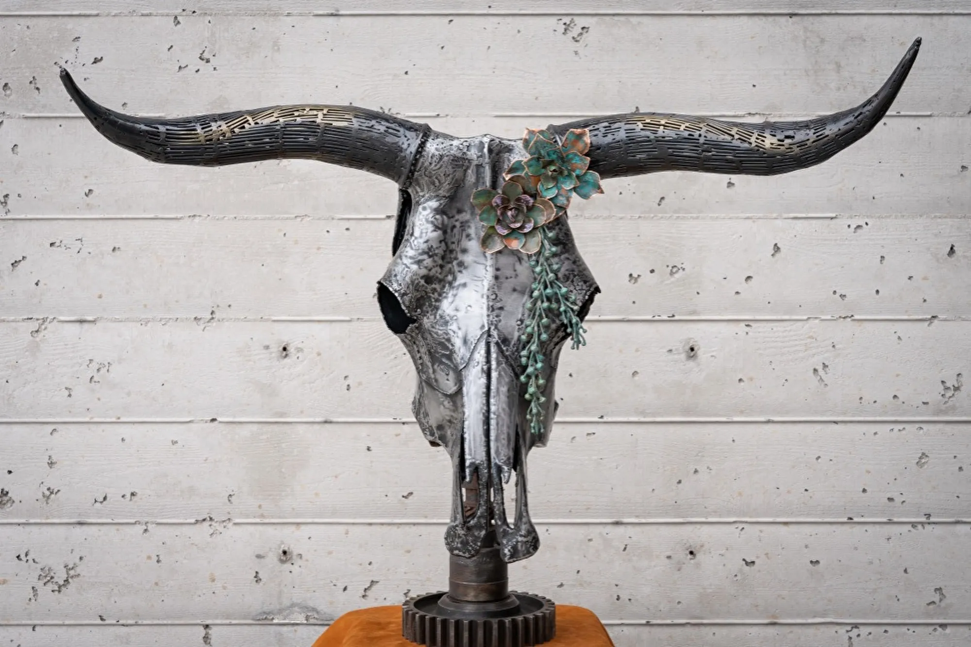 The Unexpected, Mild steel sheet metal hand hammered, welded, textured; reclaimed copper succulents; finish nails and nuts vine, patinated