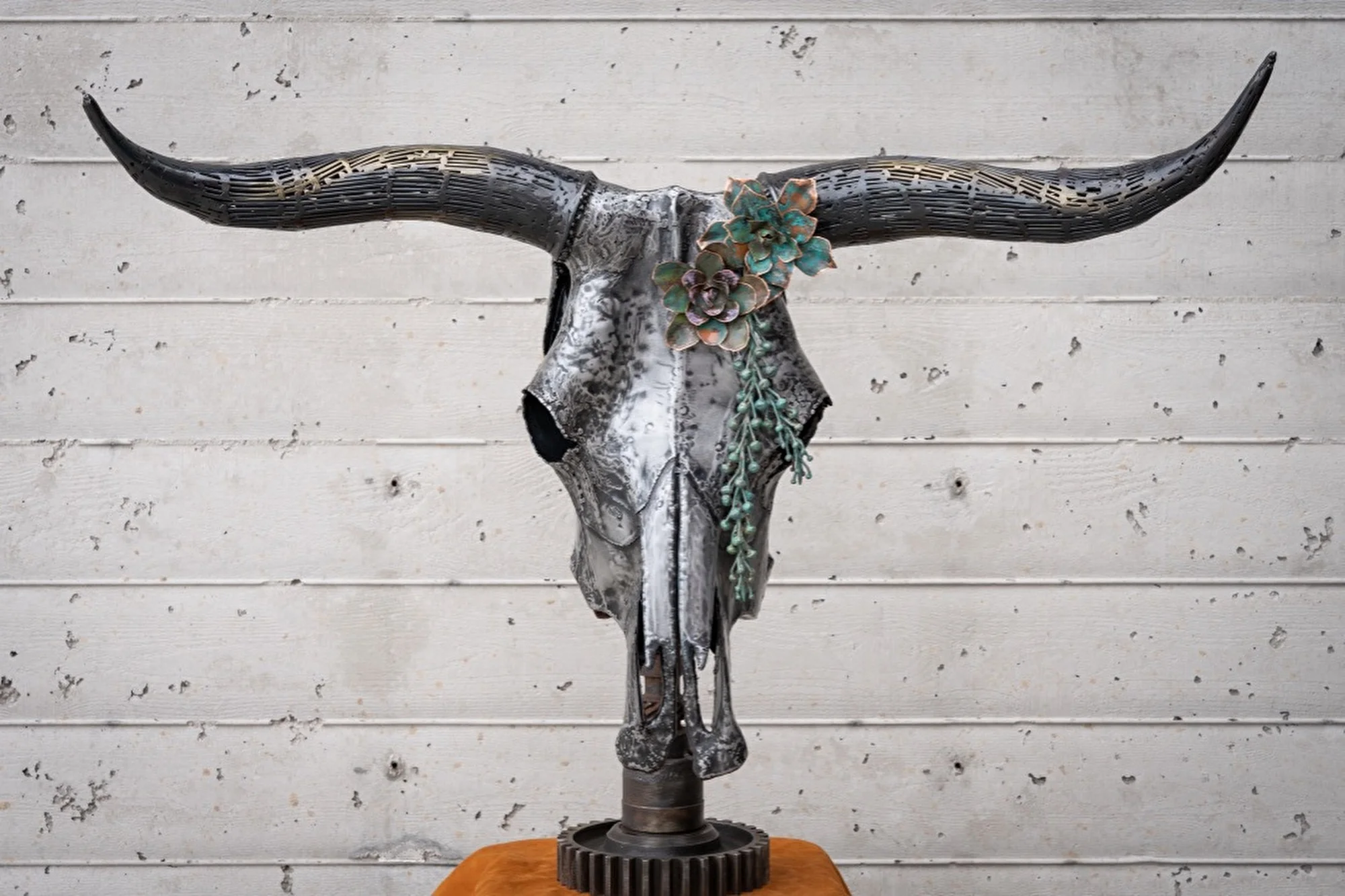 The Unexpected, Mild steel sheet metal hand hammered, welded, textured; reclaimed copper succulents; finish nails and nuts vine, patinated