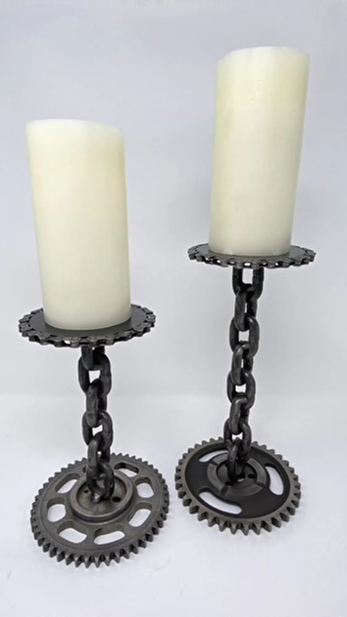 Reclaimed Chain Candle Stick Holders, Reclaimed bicycle chain, steel chain, timing gear base