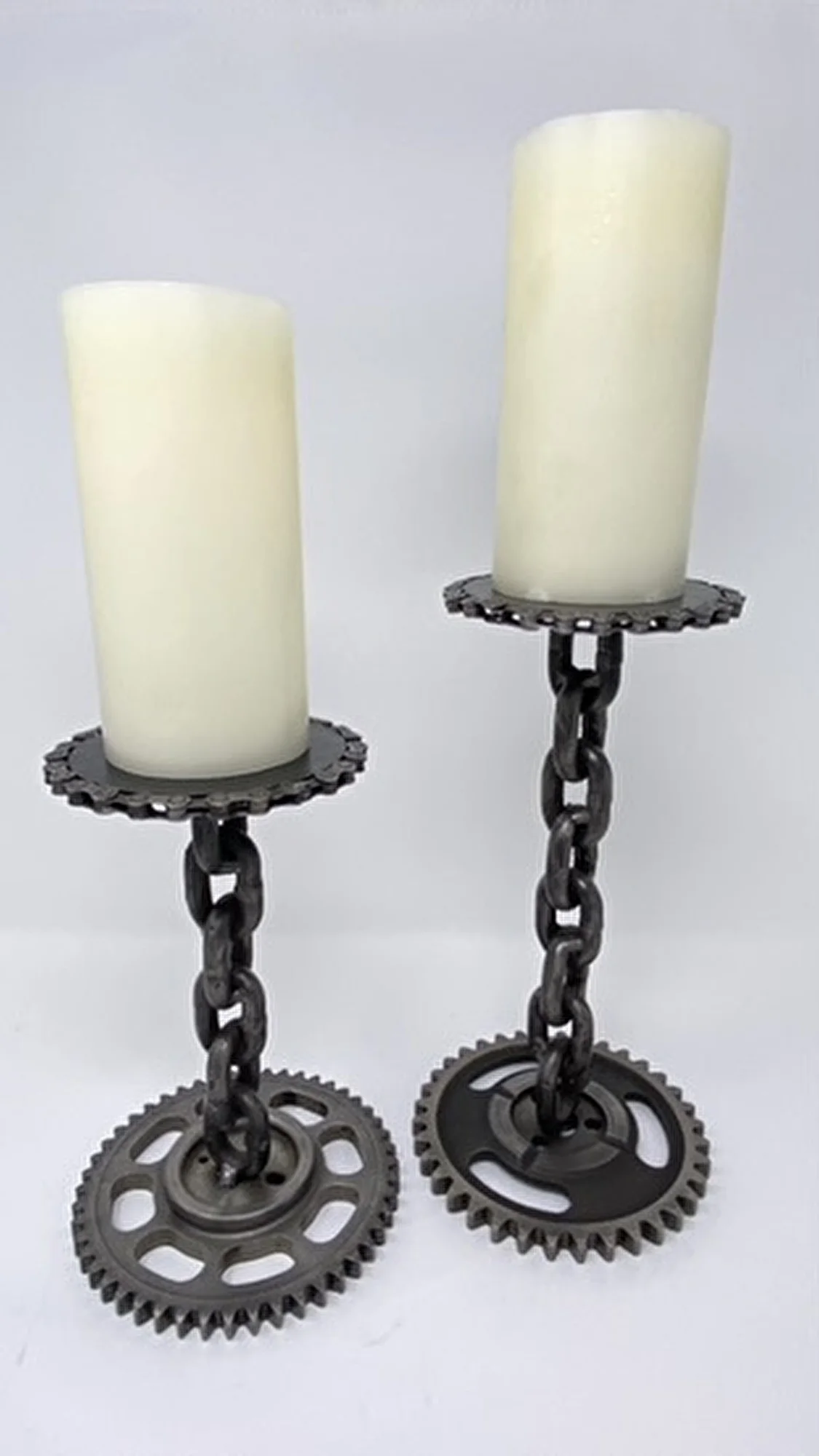 Reclaimed Chain Candle Stick Holders, Reclaimed bicycle chain, steel chain, timing gear base