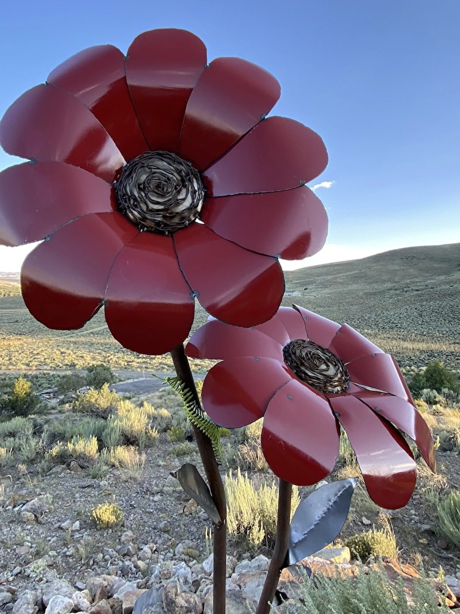 Large Daisy's, 55 gallon drums, pipe on steel frame; plow disc base; scrap gang nail caterpillar