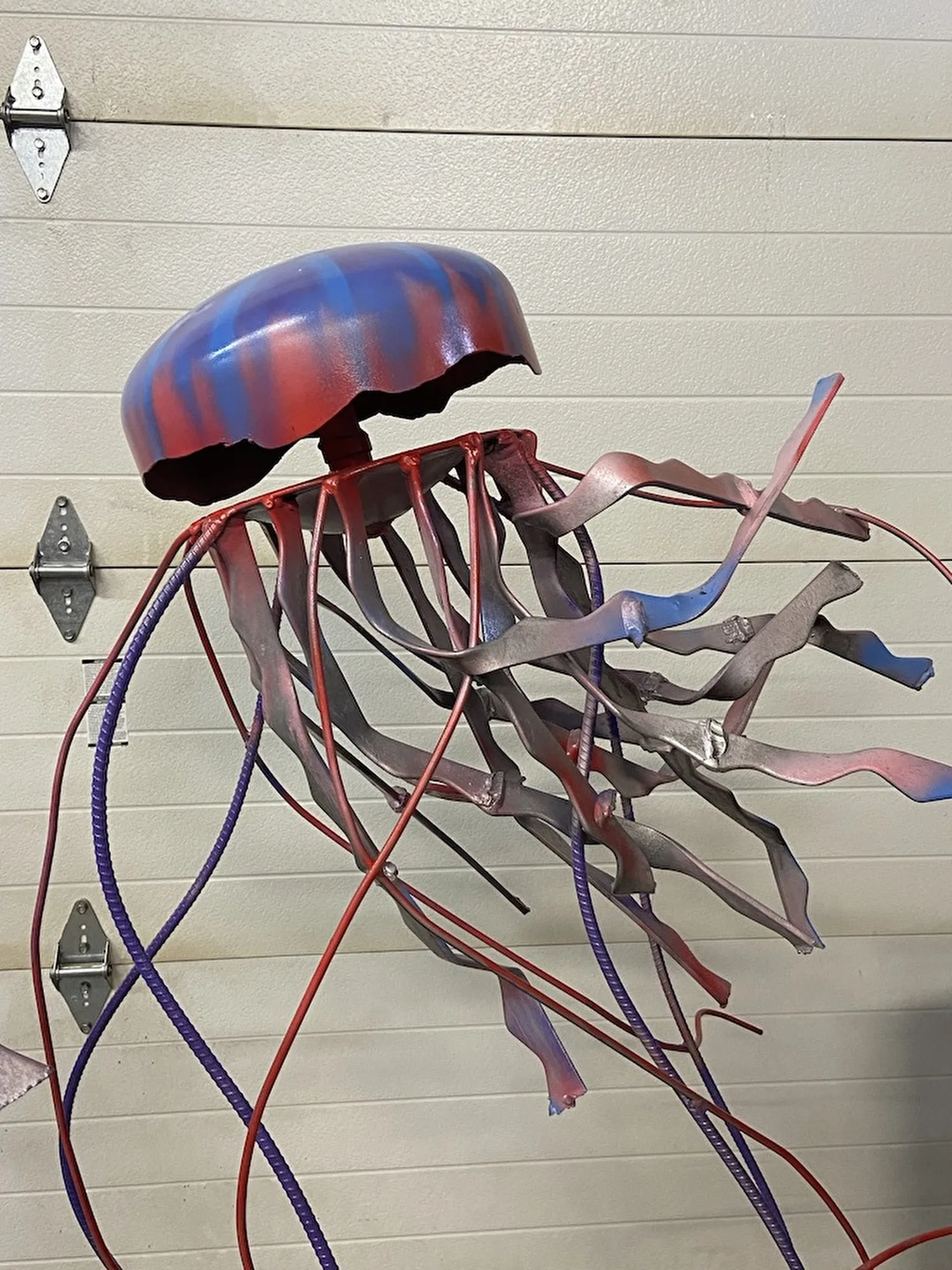 Floating Jellyfish, Old farm implements, helium tanks, rebar; disc brake base and stakes